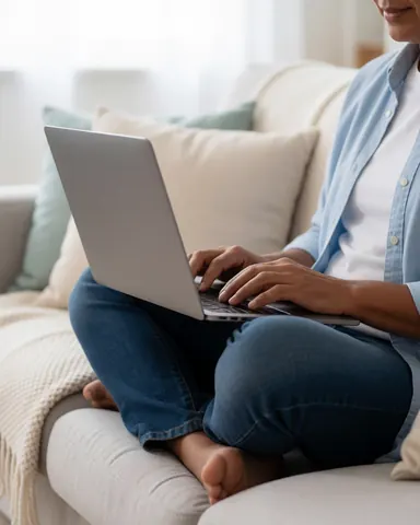 Une personne assise sur un canapé à la maison, utilisant un ordinateur portable avec des coussins et une couverture.