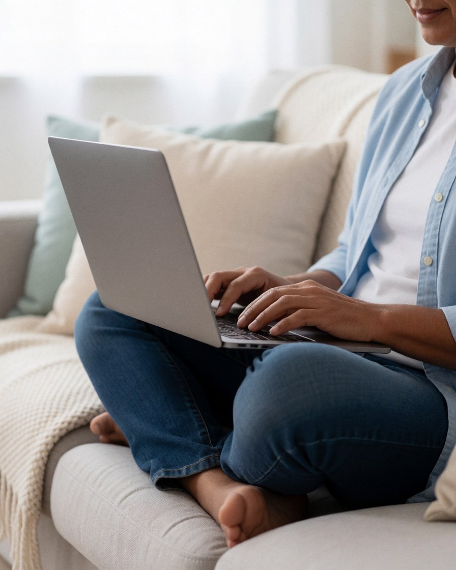 Une personne assise sur un canapé à la maison, utilisant un ordinateur portable avec des coussins et une couverture.