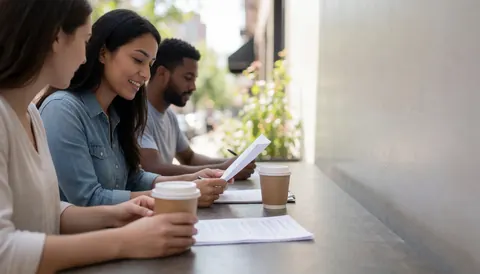 Trois collaborateurs examinent des documents sur une table en plein air, entourés de plantes et accompagnés de cafés.