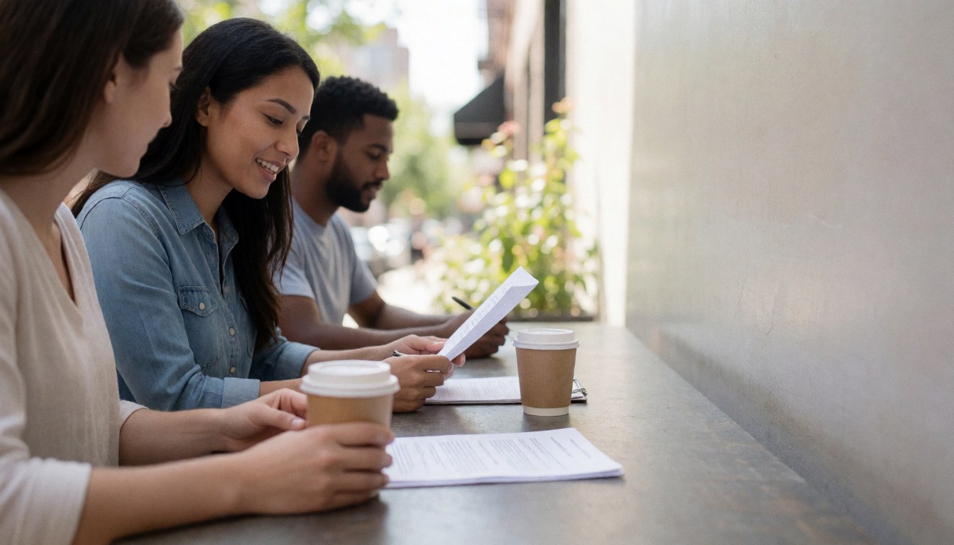 Trois collaborateurs examinent des documents sur une table en plein air, entourés de plantes et accompagnés de cafés.