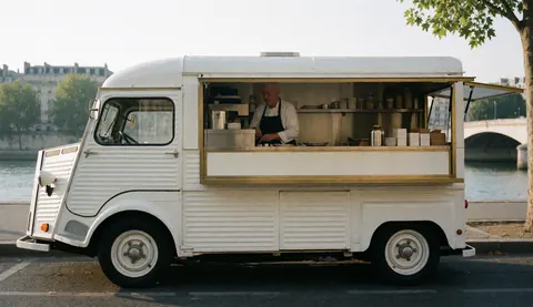 Un food truck blanc est garé au bord de l'eau avec un homme préparant des boissons derrière le comptoir.