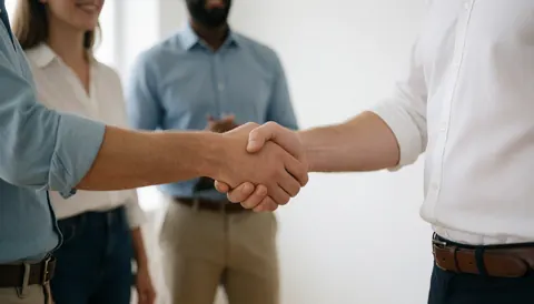 Deux dirigeants se serrent la main au premier plan dans un bureau moderne, tandis que deux autres personnes sont visibles en arrière-plan lors d'une rencontre d'affaires.