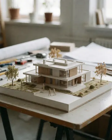 Modèle réduit d'une résidence contemporaine avec silhouettes humaines posé sur un bureau entouré de plans techniques et d'outils de conception.