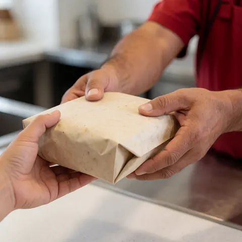 Un employé remet un emballage de repas à emporter à un client dans un établissement de restauration rapide.