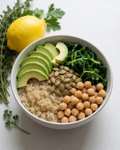 Bol contenant du quinoa, de l'avocat, des pois chiches, du kale et des graines de citrouille sur fond blanc.