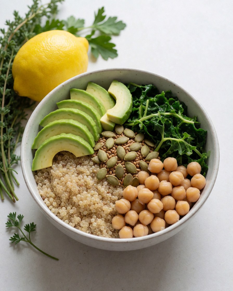 Bol contenant du quinoa, de l'avocat, des pois chiches, du kale et des graines de citrouille sur fond blanc.