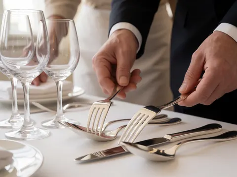 Les mains d'un serveur posent couverts et verres sur une table blanche dans un cadre de restauration.