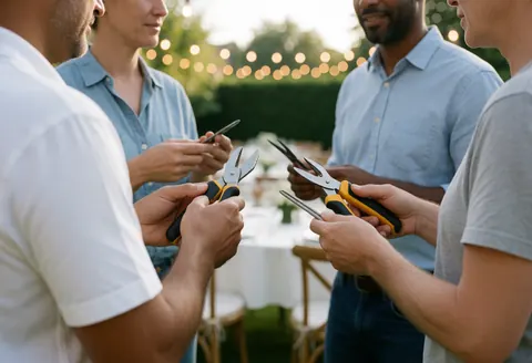 Quatre personnes installant des guirlandes lumineuses et arrangeant des tables pour une fête en extérieur.