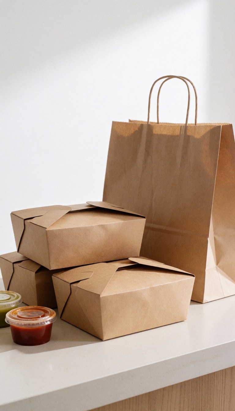 Des colis de repas rapides dans des boîtes en carton et un sac en papier posés sur une table blanche, prêts à être livrés.