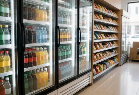 Des réfrigérateurs remplis de boissons fraîches et des étagères chargées de collations dans un magasin de proximité.