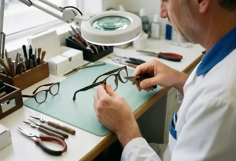 Un technicien ajuste une monture de lunettes avec des pinces dans un atelier équipé d'outils et d'une loupe.