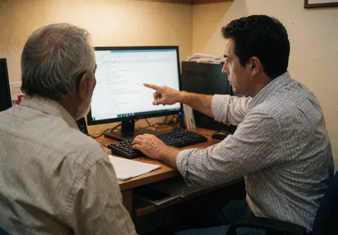 Un technicien explique une information à un client senior sur l'écran d'un ordinateur dans un bureau.
