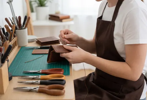 Une artisane assise à une table de travail coud un portefeuille en cuir marron avec du fil, entourée d'outils de couture.