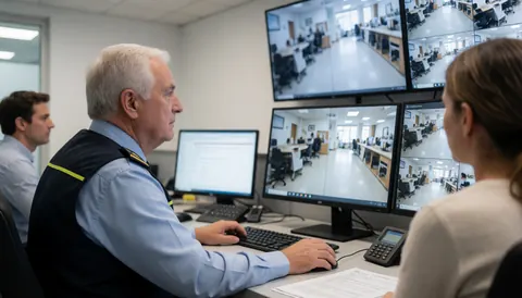 Un opérateur de sécurité observe plusieurs écrans de surveillance tandis qu'une femme examine des documents à ses côtés.