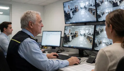 Un opérateur de sécurité observe plusieurs écrans de surveillance tandis qu'une femme examine des documents à ses côtés.