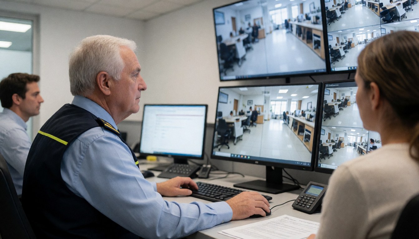 Un opérateur de sécurité observe plusieurs écrans de surveillance tandis qu'une femme examine des documents à ses côtés.
