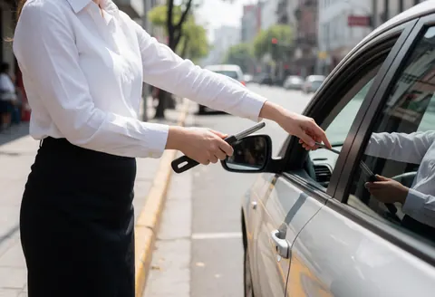 Une instructrice de conduite guide un élève pour garer son véhicule en milieu urbain.