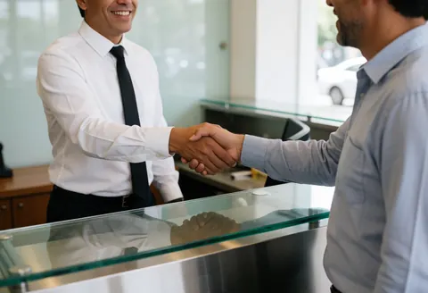 Un employé souriant serre la main d'un client devant un comptoir en verre dans une réception de bureau moderne.