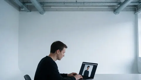 Un homme jeune travaillant sur un ordinateur portable dans un bureau minimaliste avec des tuyaux apparents au plafond.