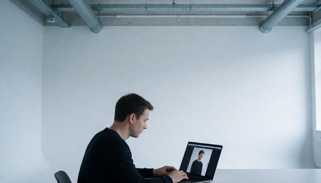 Un homme jeune travaillant sur un ordinateur portable dans un bureau minimaliste avec des tuyaux apparents au plafond.