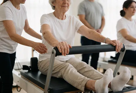 Une femme senior effectue des exercices de pilates sur un appareil avec l'aide d'une instructrice dans un studio de rééducation.