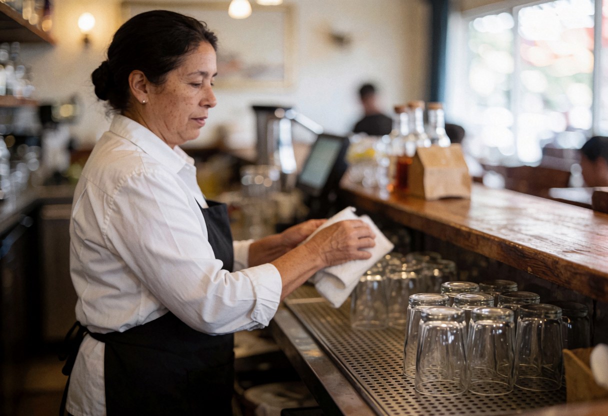 Une serveuse professionnelle nettoie des verres en cristal sur un comptoir en bois dans un établissement de restauration.