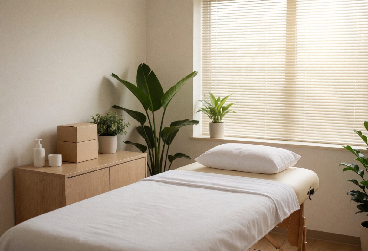 Lit de massage recouvert de draps blancs dans une pièce avec des plantes vertes et la lumière naturelle par la fenêtre.