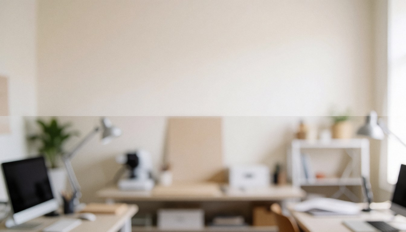 Vue d'ensemble d'un espace de travail avec des bureaux, des ordinateurs et des lampes sur fond flou.