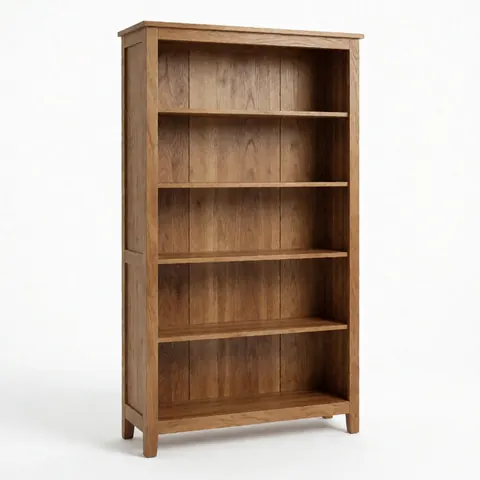 Étagère en bois avec cinq niveaux vides, prête à accueillir des livres dans un bureau ou un salon.