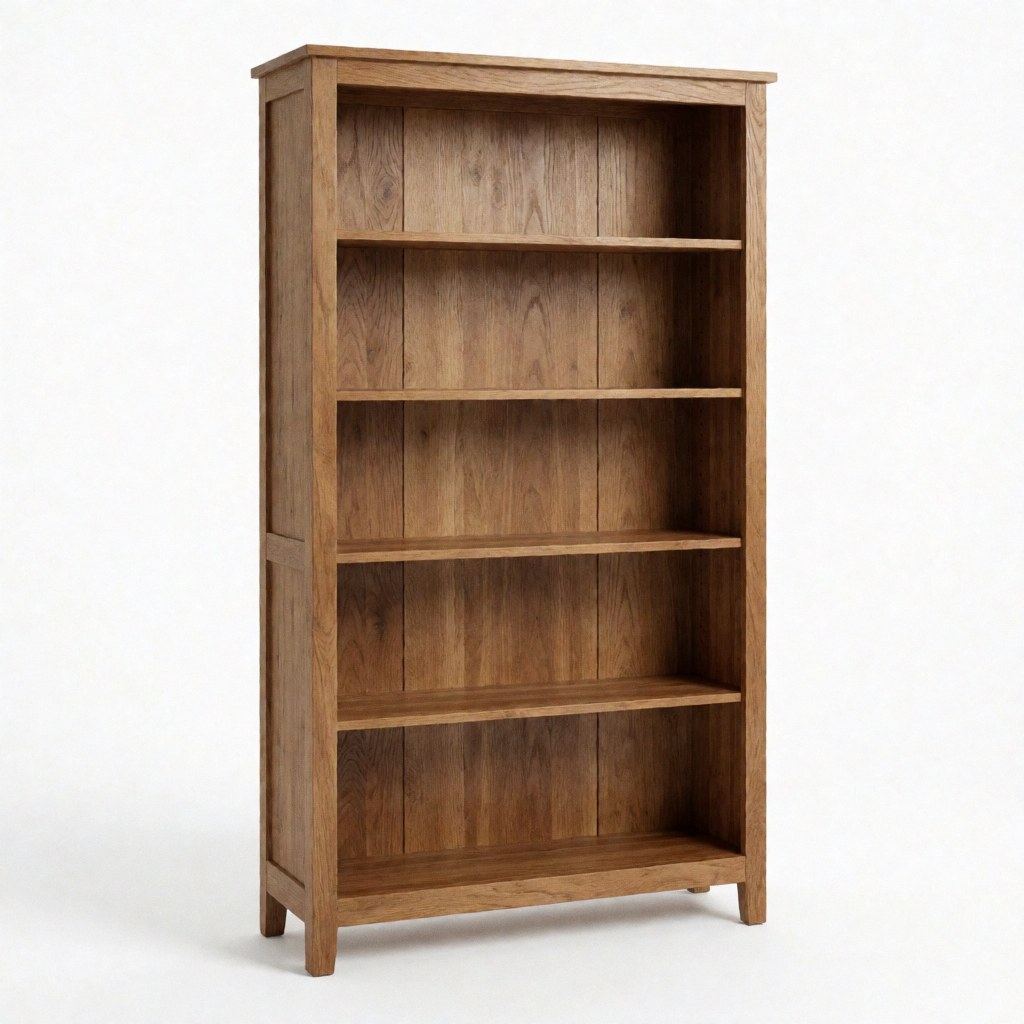 Étagère en bois avec cinq niveaux vides, prête à accueillir des livres dans un bureau ou un salon.
