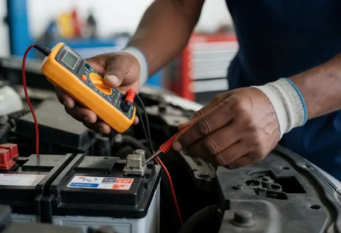 Un mécanicien professionnel portant des gants de travail examine une batterie de véhicule à l'aide d'un multimètre jaune dans un atelier.