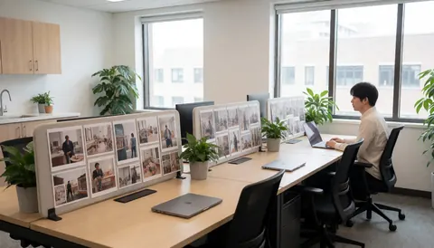 Un homme adulte utilise un ordinateur portable sur un bureau partagé dans un espace de travail moderne avec plantes et panneaux d'inspiration.