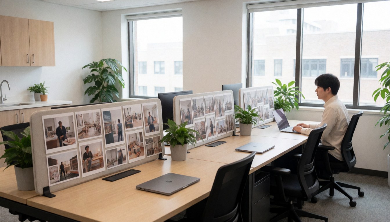Un homme adulte utilise un ordinateur portable sur un bureau partagé dans un espace de travail moderne avec plantes et panneaux d'inspiration.