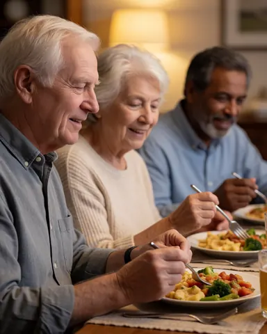 Trois personnes âgées savourent un repas composé de légumes et de frites sur une table à la lumière chaleureuse.