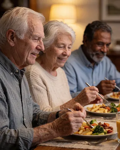 Trois personnes âgées savourent un repas composé de légumes et de frites sur une table à la lumière chaleureuse.