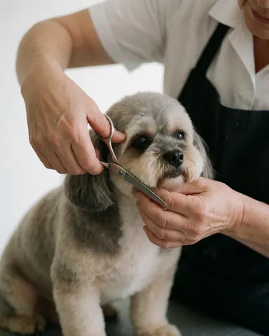 Un groomer portant un tablier noir coupe les poils d'un petit chien à l'aide de ciseaux professionnels.