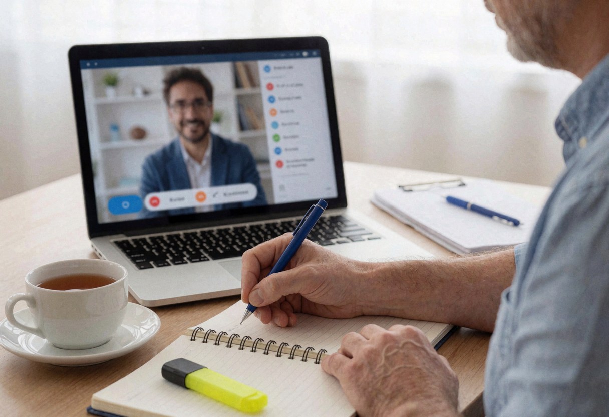 Un homme adulte prend des notes sur un carnet pendant une vidéoconférence depuis son ordinateur portable, une tasse de thé posée à côté sur la table.