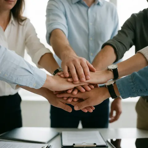 Groupe de professionnels posant les mains ensemble sur un bureau avec documents et ordinateur portable.