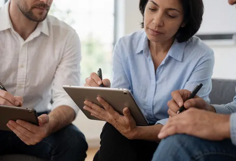 Trois professionnels collaborent lors d'une réunion, utilisant des tablettes et prenant des notes à la main sur un bureau.