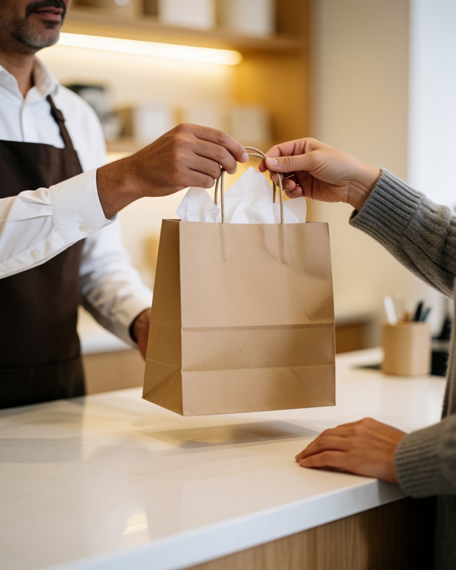 Un employé derrière un comptoir tend une poche en papier à un client qui la reçoit avec les deux mains.