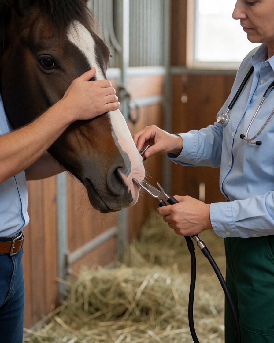 Une vétérinaire examine la bouche d'un cheval dans une écurie tandis qu'une autre personne le maintient doucement.