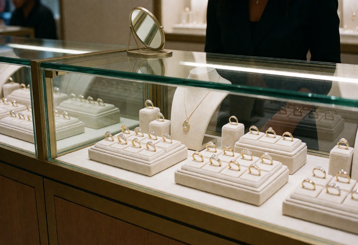 Vitrine de bijouterie exposant des bagues et des colliers sur des présentoirs en velours blanc, accompagnée d'un miroir à main et d'un mannequin portant un collier.