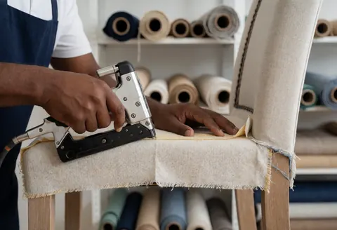 Un artisan utilise un outil pour fixer du tissu beige sur le siège d'une chaise dans un atelier de meubles.