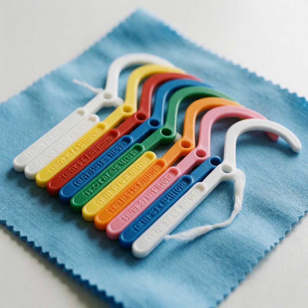Plusieurs fils dentaires de couleurs variées disposés sur un tissu bleu clair, évoquant l'hygiène buccale et les soins dentaires.