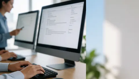 Gros plan sur des mains utilisant un clavier devant deux écrans d'ordinateur dans un espace de travail lumineux avec une plante verte.