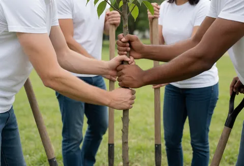 Groupe de volontaires en t-shirts blancs plantant un jeune arbre dans un champ vert avec des pelles.