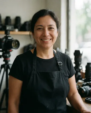 Une femme souriante portant un tablier noir dans un studio de photographie entourée de caméras et d'objectifs.