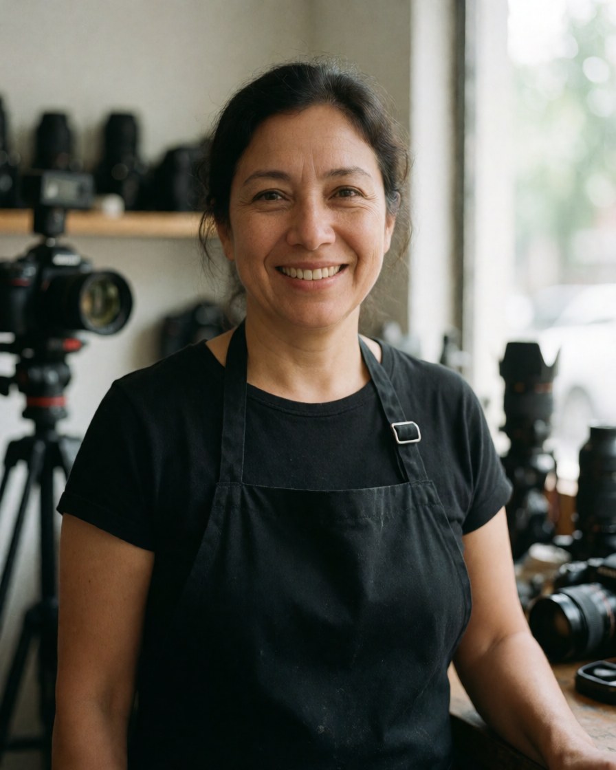 Une femme souriante portant un tablier noir dans un studio de photographie entourée de caméras et d'objectifs.