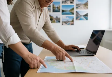 Dans un bureau, une personne indique un mappe tandis qu'une autre utilise un ordinateur portable pour organiser un déplacement.