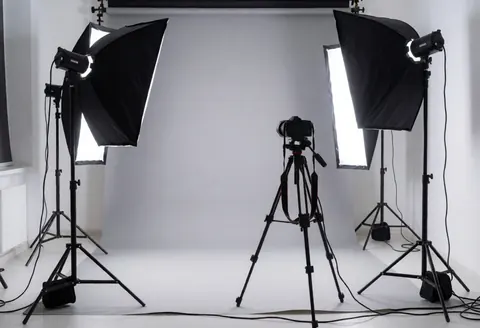 Studio photographique professionnel équipé de lumières de studio, d'un trépied et d'une caméra prête à prendre des photos sur fond blanc.
